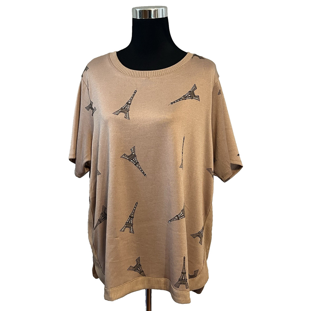 Love & Lace Beige Eiffel Tower Print Sweater Women's 2X Rhinestones Novelty